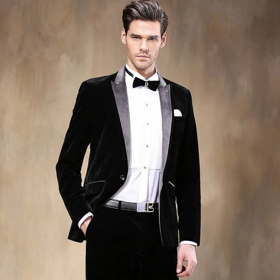 2018 Latest Coat Pant Designs Black Grey Velvet Suit Men Formal