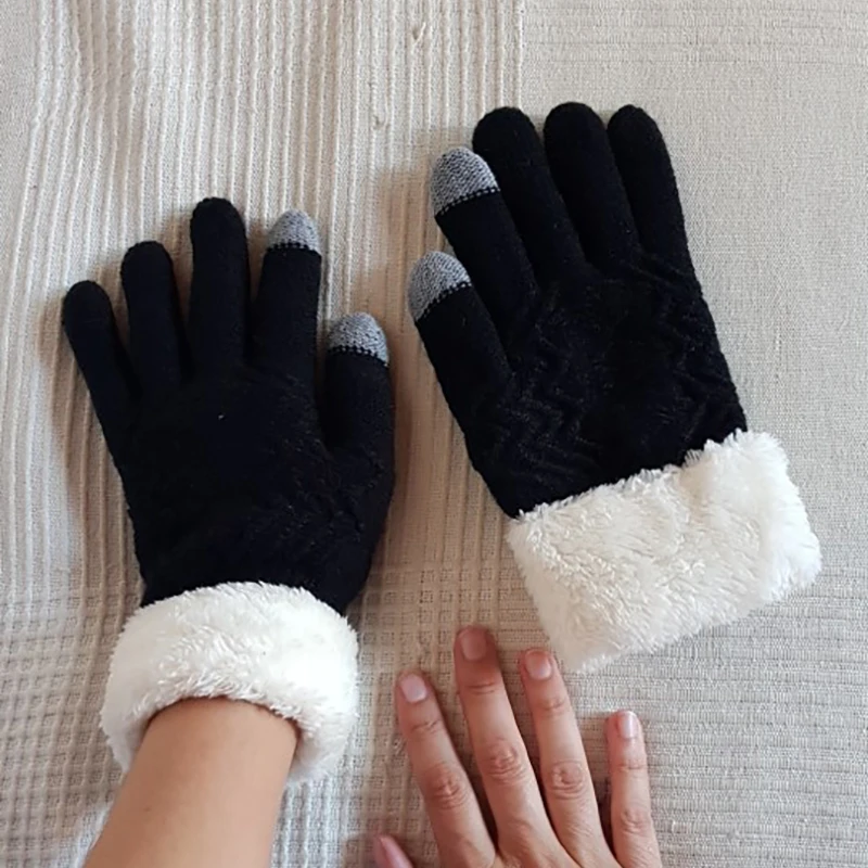 Женские теплые бархатные перчатки на осень и зиму, вязаные перчатки с сенсорным экраном, повседневные модные аксессуары, варежки с пятью пальцами
