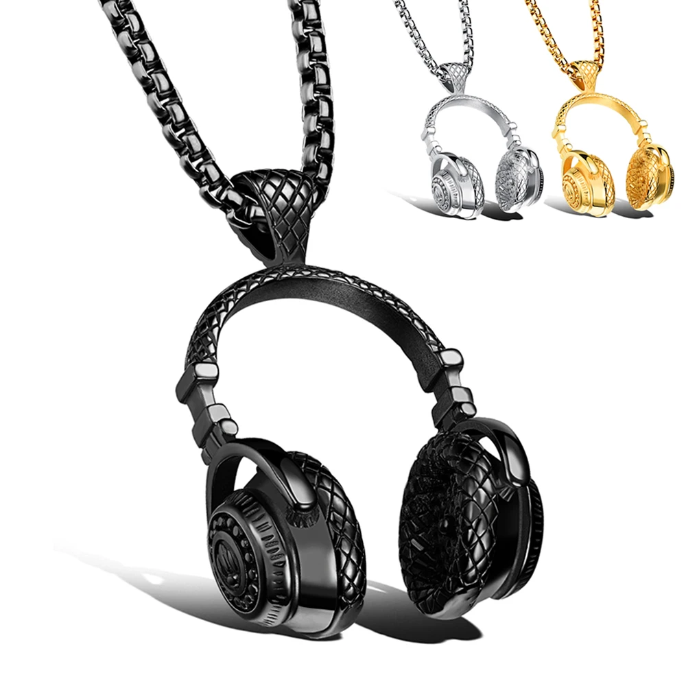 

(3pcs) Collier Rock Hip Hop Jewelry Men Necklace Stainless Steel DJ Music Headphone Pendant Necklaces Cool Gifts Mens Jewellery