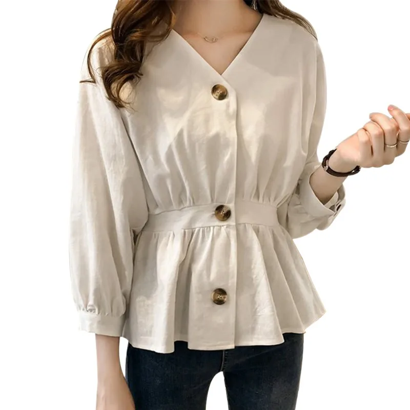 

women tops and blouse Sexy V-Neck elegant blouse High Waist slim shirts blusas mujer Button Lartern Sleeve Women Shirt