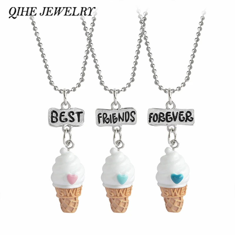 

QIHE JEWELRY 3pc/set Best Friends Forever 3 Color Ice-cream Pendant Beads Chain Necklace Mini kawaii Girls Jewelry