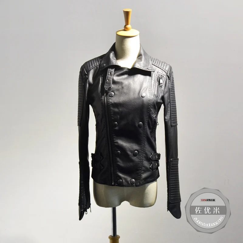 Printemps Pu Femmes Réel Fermetures Pleine Veste Double Bouton En À Cuir Solide 2017 Promotion Arrivée Nouvelle Glissière De Moto Boutonnage OFfqU