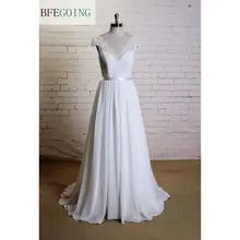 Белое Кружевное шифоновое свадебное платье в пол с v-образным вырезом трапециевидной формы со шлейфом и короткими рукавами реальные/оригинальные фотографии на заказ