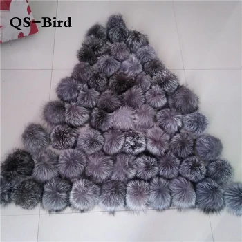 

50pcs/ lot DIY 13-14cm Silver Fox Fur pompoms fur balls for knitted hat cap beanies and keychain and scarf real fur pom poms