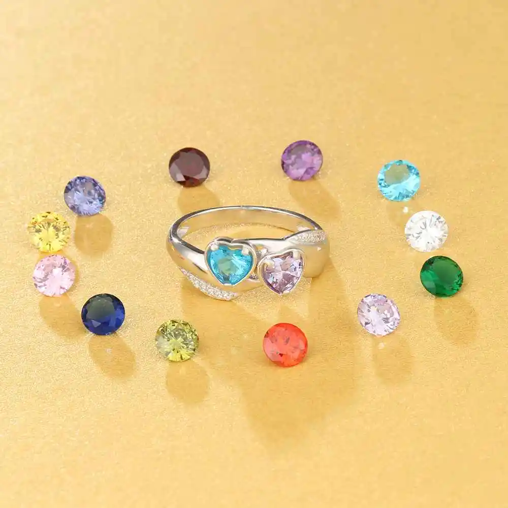 Coração birthstone personalizado gravar nome anel de