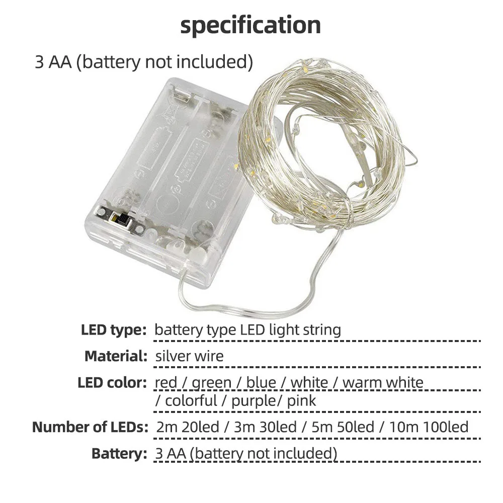 Светодиодный светильник-гирлянда s, сказочный светильник s, уличный светильник для патио, гирлянда 2 м, 3M, 5 м, 10 м, на батарейках, Рождественская елка, украшение для свадебной вечеринки