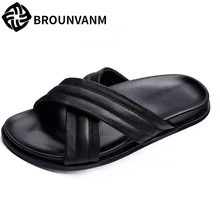 Тапочки из натуральной кожи мужские летние сандалии кроссовки мужские тапочки вьетнамки Летняя обувь модные уличные мужские Тапочки