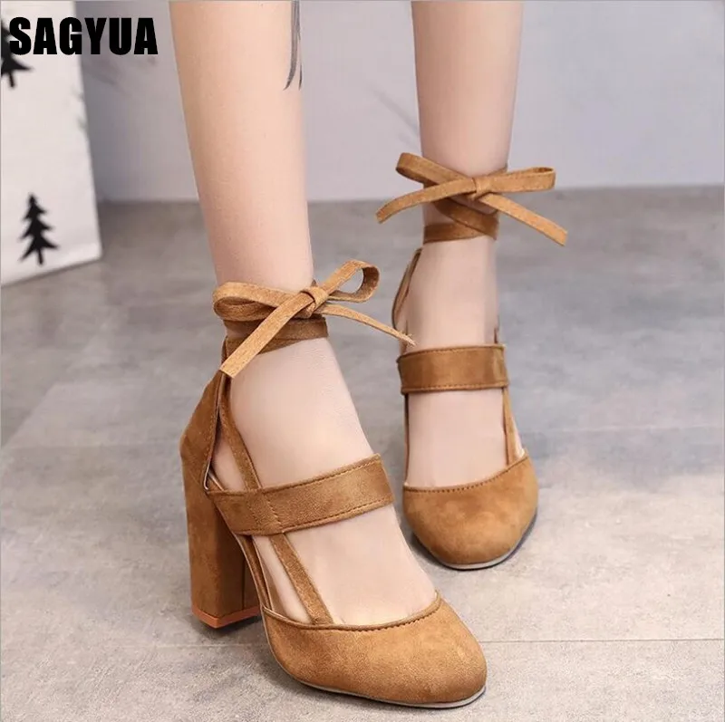 

Plus size women sandals Round head Thick heel high heels woman Lace up Casual shoes Wedding party pumps ladies Zapatos mujer A32