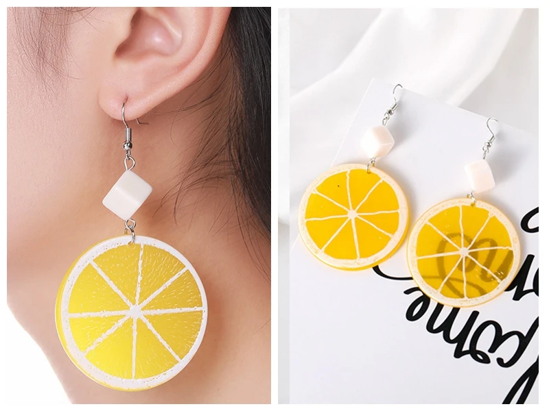 

Japanese and Korean Harajuku Fruit Orange Lemon Pendant Earrings Female Sweet Temperament Earrings Wholesale Feather Earrings