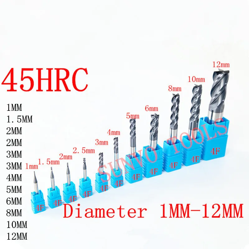Фреза с ЧПУ 2F 4 флейты карбида вольфрама Концевая фреза Набор HRC50 прямой хвостовик ЧПУ Инструмент 1 мм/2 мм/3 мм/4 мм/5 мм/6 мм/8 мм/10 мм
