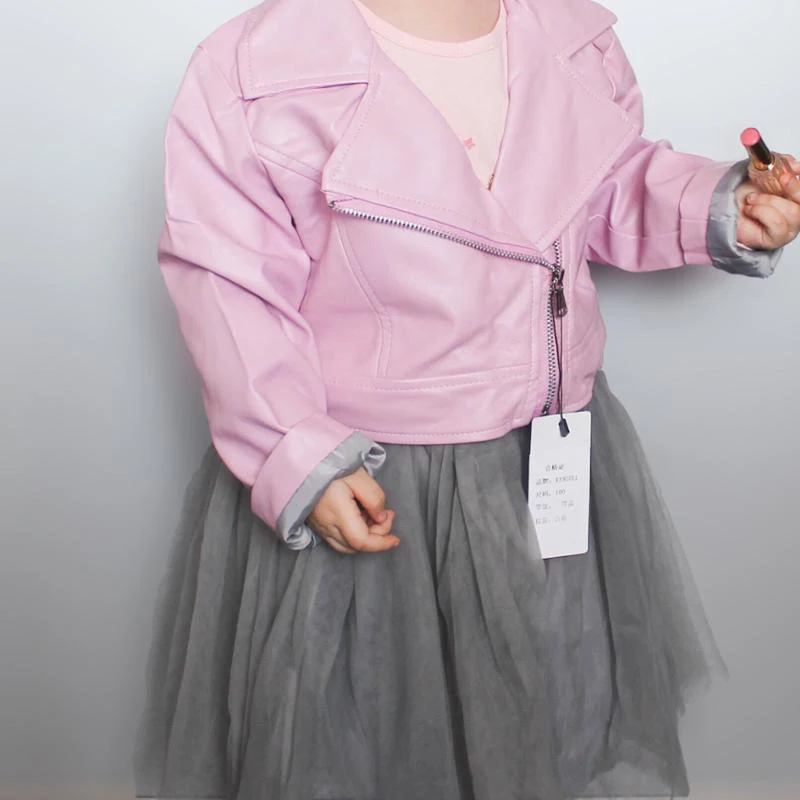 Куртки для девочек, детская куртка из искусственной кожи, модная короткая куртка из искусственной кожи с Диагональной молнией для детей 1-7 лет, Сетчатое платье с вышивкой
