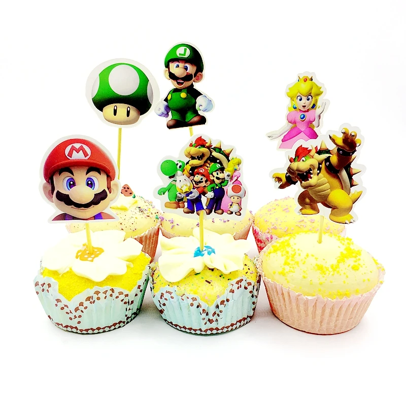 

Happy Birthday Party Super Mario Theme Kids Boys Favors Cupcake Toppers With Sticks Decoration Baby Shower Cake Topper 24PCS New