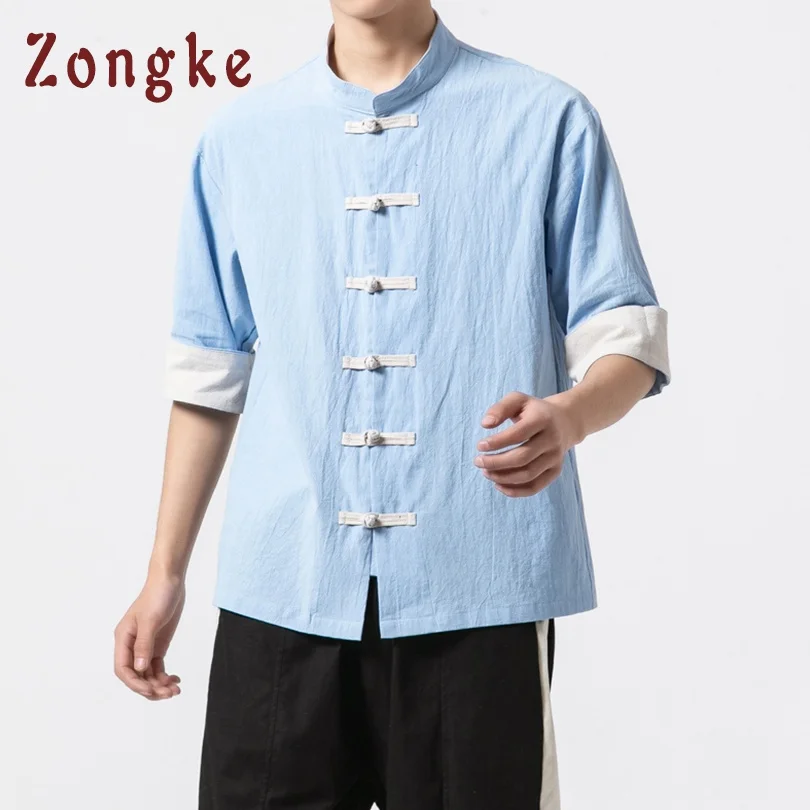 Zongke, китайский стиль, короткий рукав, летняя, винтажная, мужская, модная, уличная, мужская рубашка, короткий рукав, блузка, мужские рубашки, 5XL - Цвет: Blue