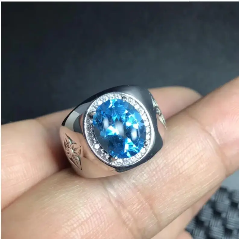 Мужское обручальное кольцо с топазом, кольцо на палец с натуральным настоящим голубым топазом, кольцо из стерлингового серебра 925 пробы, для мужчин и женщин