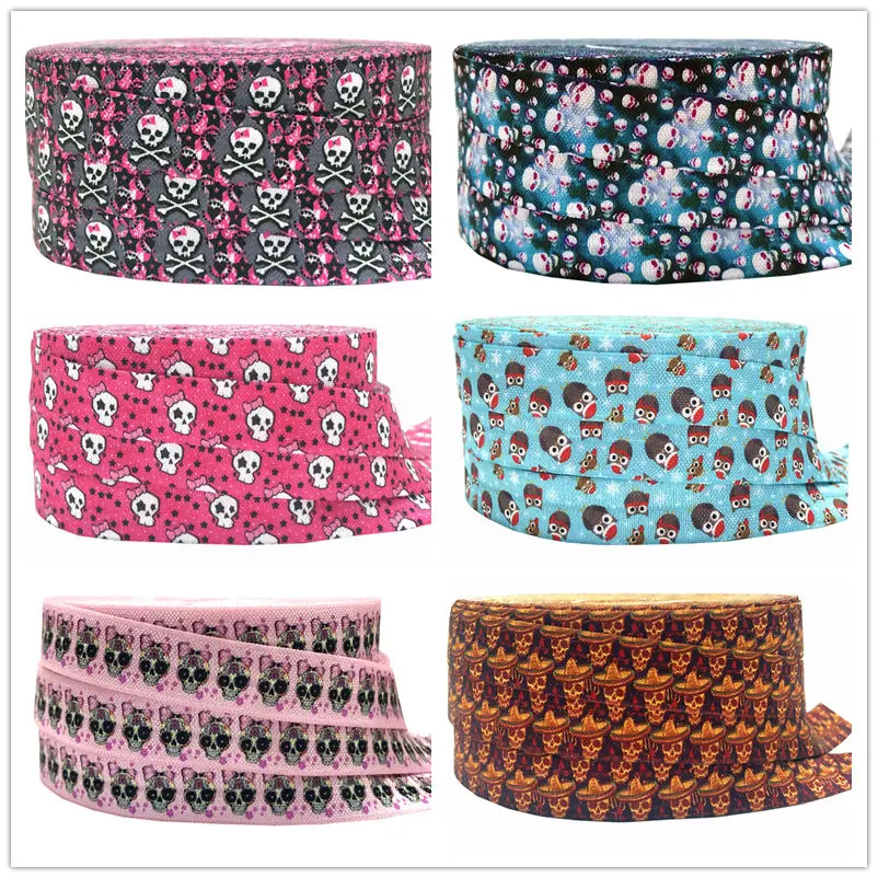 

Halloween Cute Skull bow print fold over elastic wholesale DIY Craft elastic ribbon foe handmade webbing 7colors for pick