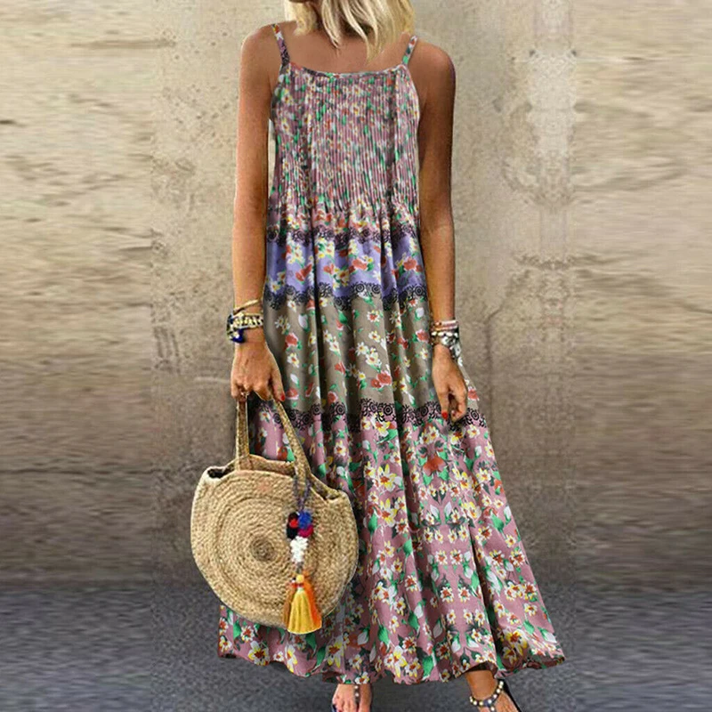 

Hot Women Cotton Linen Boho Crew Neck Dress Floral Print Strappy Maxi Dress Sleeveless Summer Ladies Holiday Beach Dress M-5XL