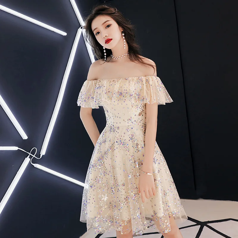 

Champagne Sequins A Line Evening Dress Vestido De Festa Short Off Shoulder Formal Party Dresses Prom Gowns Robe De Soiree