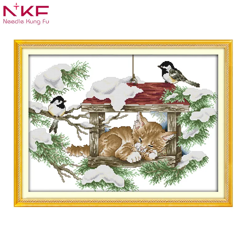 

Deep sleep cat and birds chinese embroidery packs cross stitch counting patterns diy dmc 14ct 11ct needlework sets animal