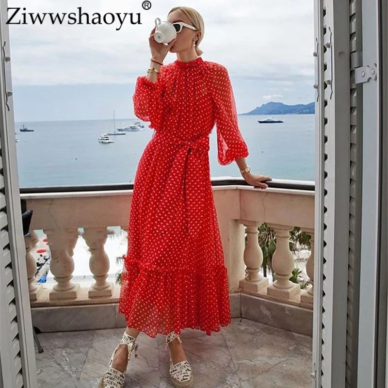 Ziwwshaoyu отдых в горошек с пышными рукавами длинные платья со стоячими оборками Пояса Элегантное Длинное платье новые женские