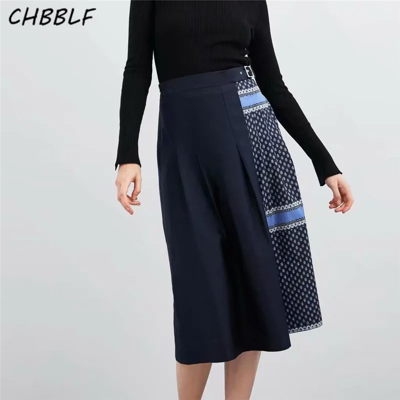 

CHBBLF women patchwork midi skirt faldas mujer sashes vintage female casual pleated skirts HJH1858