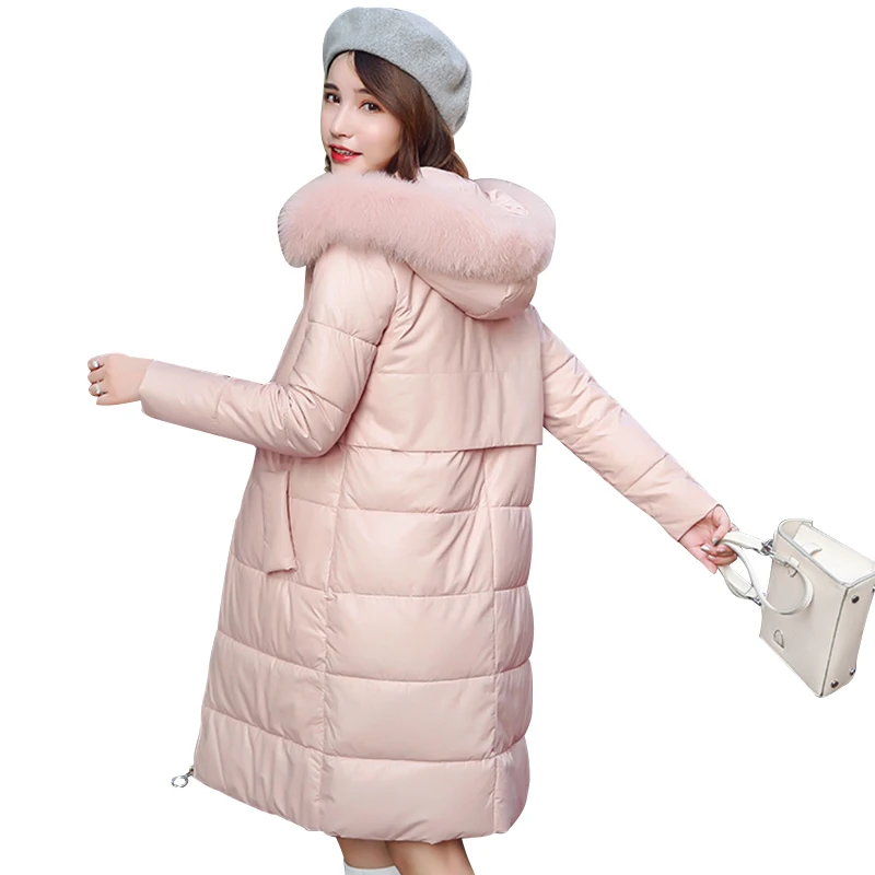 

Women Winter PU Jacket Thicken Leather Jackets Slim Warm PU Coats Fur Collar Hooded Soft Leather Coat Women Down Cotton Jackets