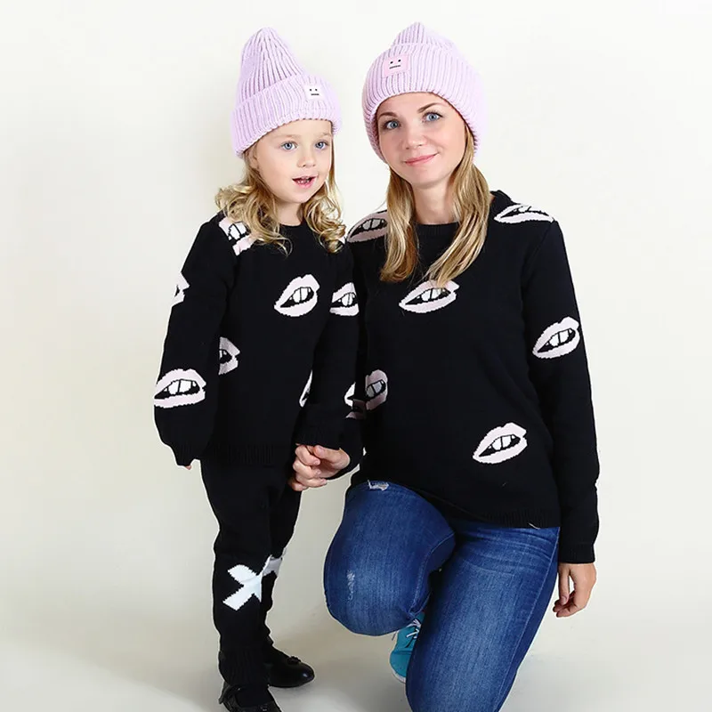 Knitted Lips Mother Daughter Son Sweaters Autumn Winter Warm Boy Girl