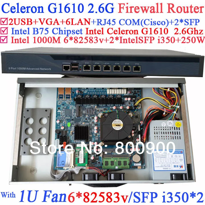 

1U network Firewall Barebone with B75 Intel Celeron G1610 2.6G two intel i350 SFP six 82583v 1000M LAN ROS Mikrotik etc support