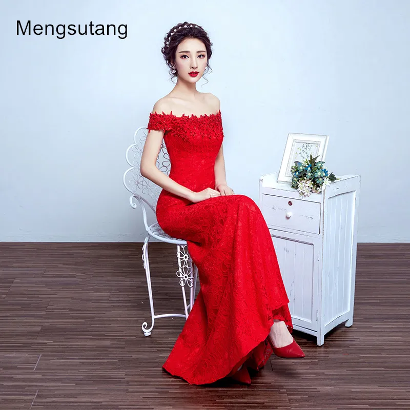

Robe de soiree 2019 red bouquet evening dress off shoulder fishtail Lace Up vestido de festa prom dresses tailor Custom made