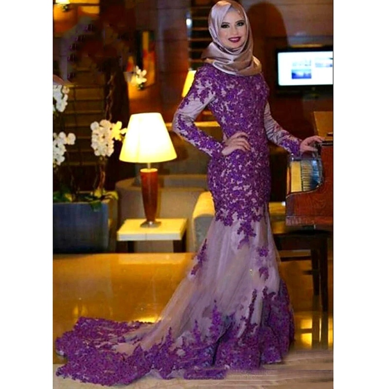 Фиолетовый с аппликацией и юбкой-годе вечернее платье для мусульманских женщин одежда с длинным рукавом Пол Длина мусульманских Для