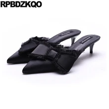 Kitten Medium Heels Black Closed Toe High Satin Bow Fringe Sandals Size 4 34 Mules Slipper Shoes Pumps Pointed Women Sweet Peach