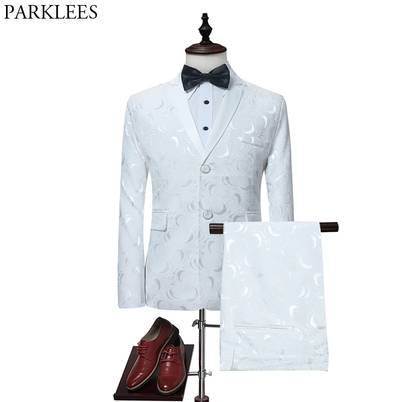 Us 5048 50 Offmens Elegant White Rose Floral Jacquard Suits With Pants Wedding Goom 2 Piece Suit Male Stage Singer Prom Costume Mariage Homme In