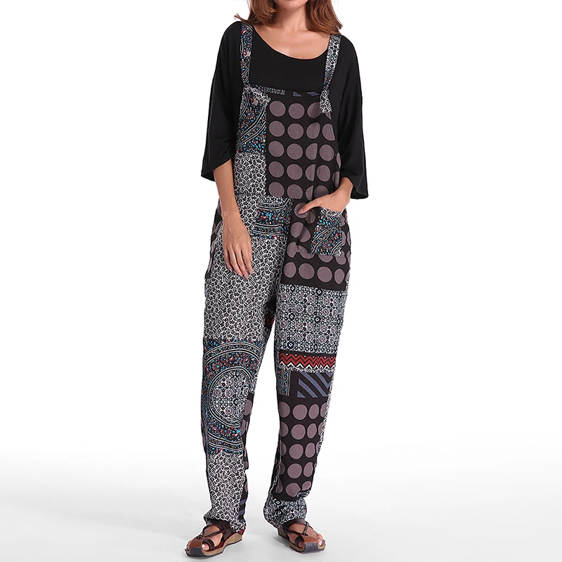 ZANZEA Women Cotton Linen Long Jumpsuits Casual Strappy Floral Print