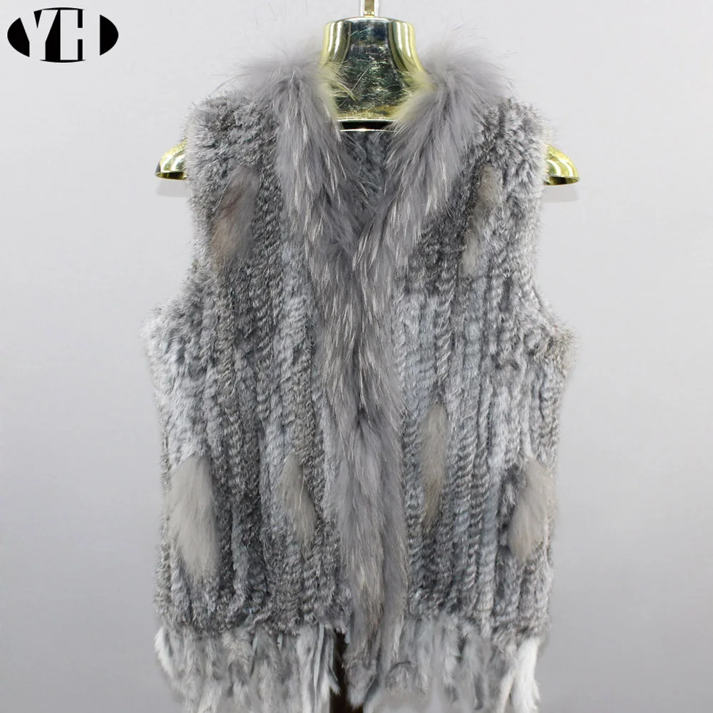 Chaleco de piel de conejo Real con Cuello de piel de mapache para mujer, chaqueta de fiesta, chaleco de lana tejido