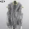 Nuevo  Chaleco de piel de conejo Real con Cuello de piel de mapache para mujer, chaqueta de fiesta, chaleco de lana tejido BxaxRMZk
