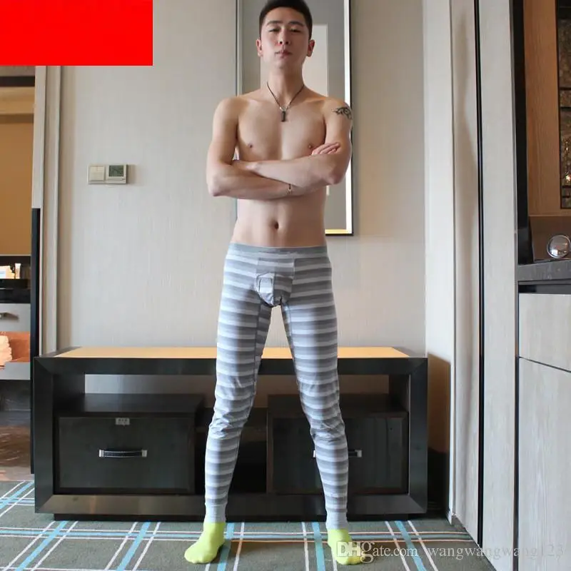Pants Autumn Winter New Tide Russia China Style Brave Man Yellow Blue Stripe Print Long Johns Slim Elasticity Cotton Blending