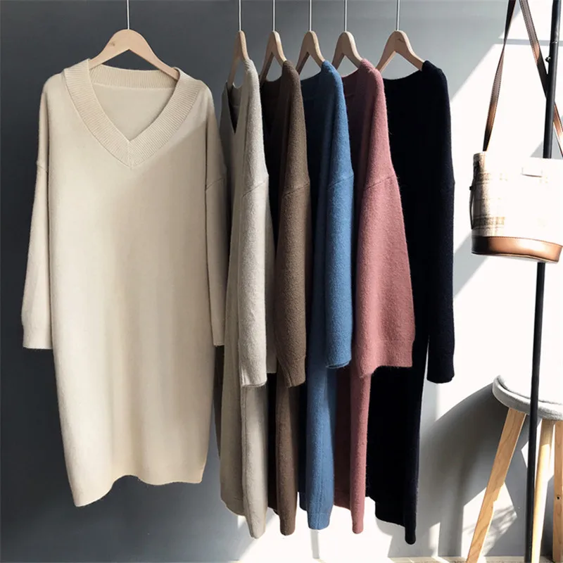 

Vintage Knitted Sweater dresses 2018 Winter Women V Neck Long Sleeve Midi Dresses Elastic Slim Party bodycon long Dress Z9136