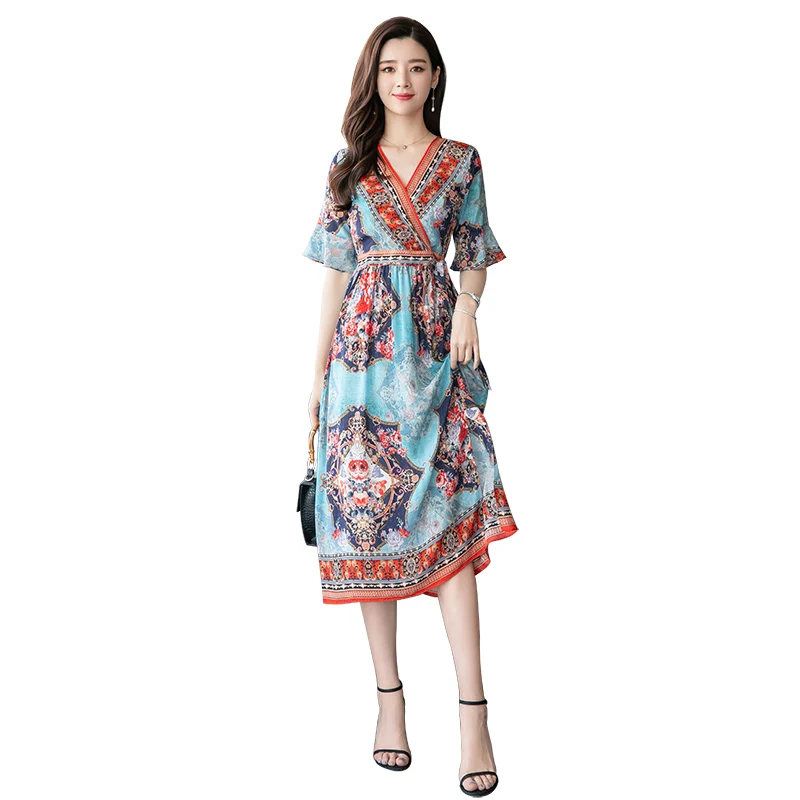 2019 Summer Polyester silk Dress Retro style Women Flower Print Elegant Ruffle Sleeve Mid-Calf Dresses Plus SizVestido | Женская одежда