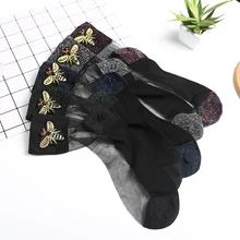 Новинка, блестящие носки, новая мода, вышивка бисером, пчела, блестящая, серебристая, с отворотами, носки без пятки, прозрачные, эластичные, Чулочные изделия