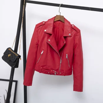 

2019 Motorcycle Faux Pu Leather Jacket Women Fashion Turn-down Collar Zipper Female Leather Jacket Spring Autumn Biker Jackets