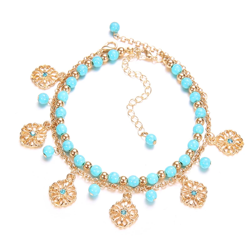 Boho Зеленые каменные бусины женские браслеты для щиколотки мульти цепочка ножной браслет ноги босиком сандалии пляжная бижутерия для ног Q45
