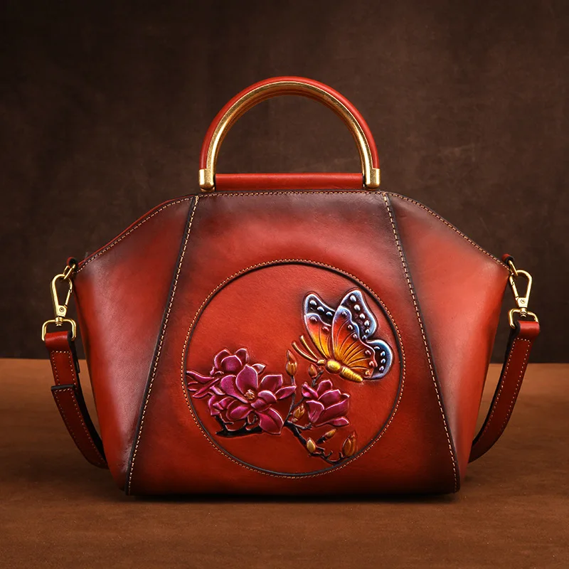 Женская сумка на плечо из натуральной кожи с цветочным узором, известный бренд, Винтажный дизайн, женская сумка-мессенджер из натуральной кожи, сумочка - Цвет: Red