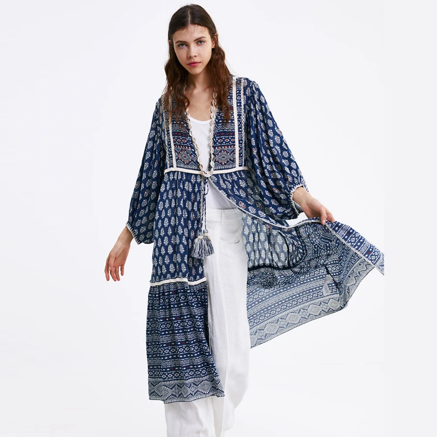 

Feccer boho jacket 2019 ethnic embroidery lantern sleeve jacket navy linen & cotton Hippie outerwear long women Cardigan coats
