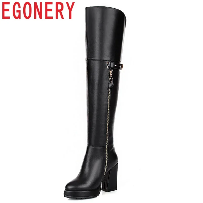 

EGONERY newest genuine leather poinnted toe super high square heel platform heel height 10 cm black zipper over the knee boots