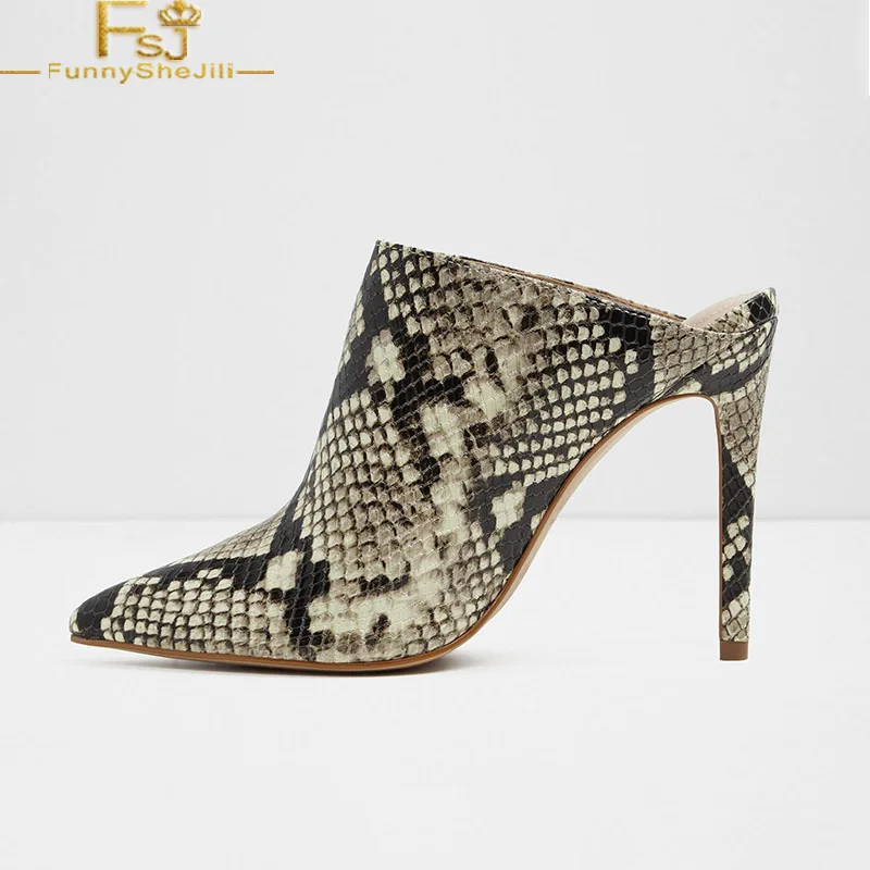 

Snake Print Pointed Toe Ladies Slippers Stiletto Heel Mules Summer Casual Outside Fashion Woman Shoes 2019 Plus Size 14-16 FSJ