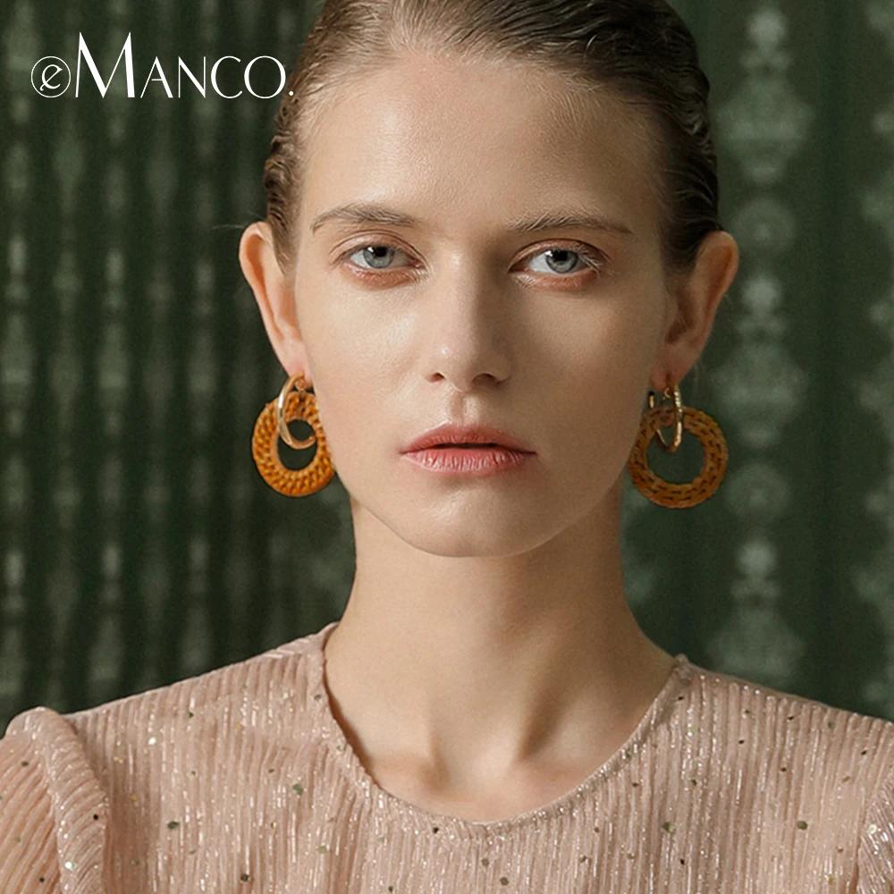 e-Manco Rattan Braid Drop Earrings For Women Vine Knit Round Circle Dangle Earrings Weaving Hand Made femme Fashion Jewelry