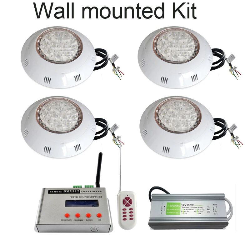 DMX512 RGB LED Piscina luces 12 V Par56 montado en la pared IP68 resistente al agua Piscina 18 W 36 W con remoto fuente de alimentación 4 unids