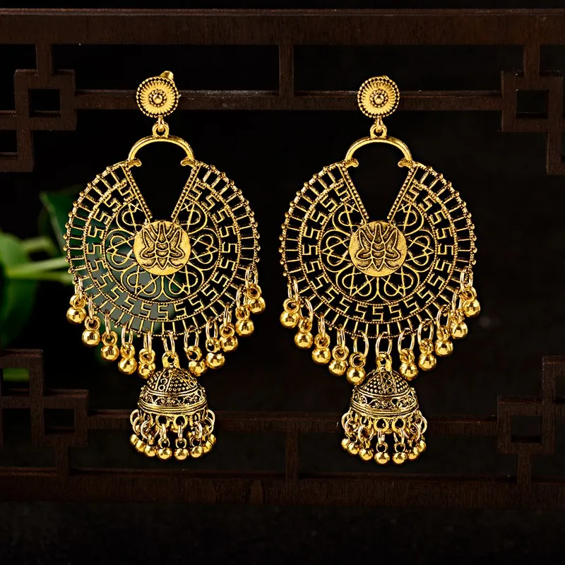 

TopHanqi Boho Antique Gold Big Bells Long Drop Earrings for Women Round Metal Earring Indian Jewelry boucle d'oreille Femme 2019