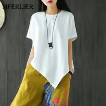 Mferlier шикарные дышащие футболки хлопковые женские с круглым вырезом и коротким рукавом с неровным подолом Mori Girl однотонный летний топ