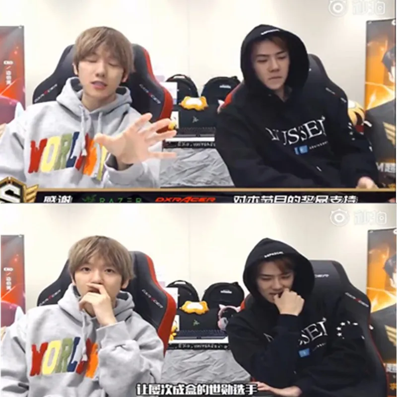 

K-pop EXO combination SEHUN Wu Shixun tiger tooth live with the same letter hooded sweatshirt pullover men and women kpop