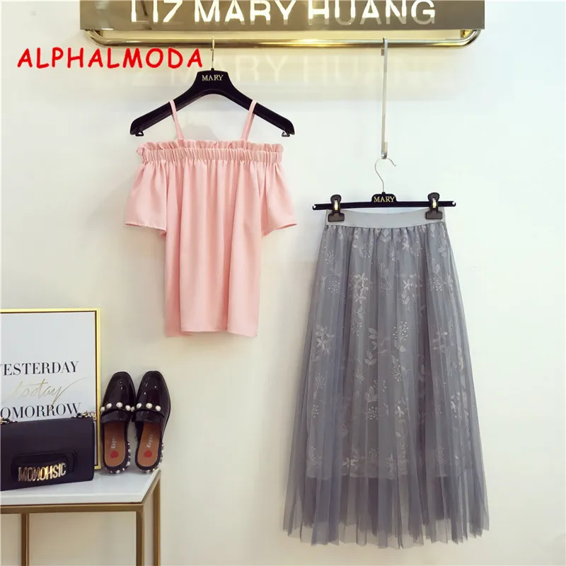 Женский Повседневный комплект ALPHALMODA блузка с открытыми плечами и коротким